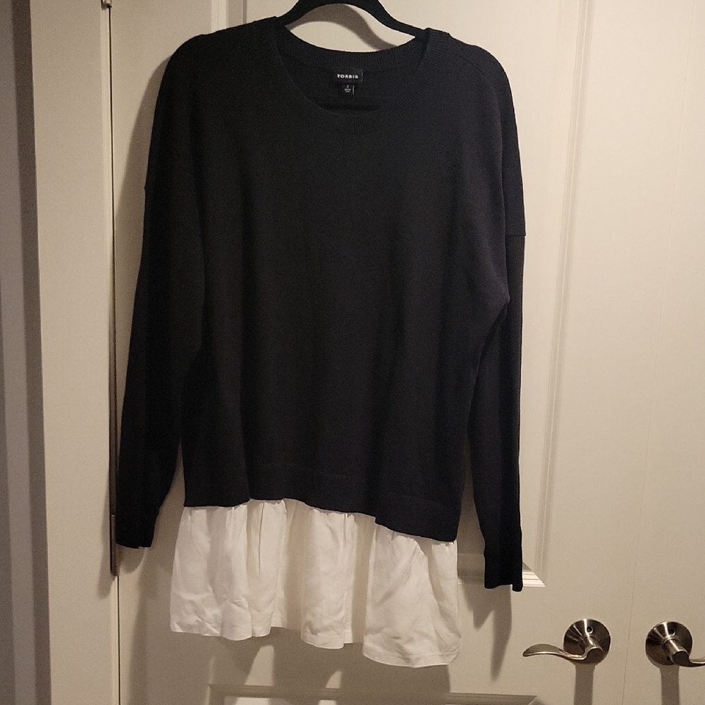 torrid Black Crewneck Sweater with White Layered Hem